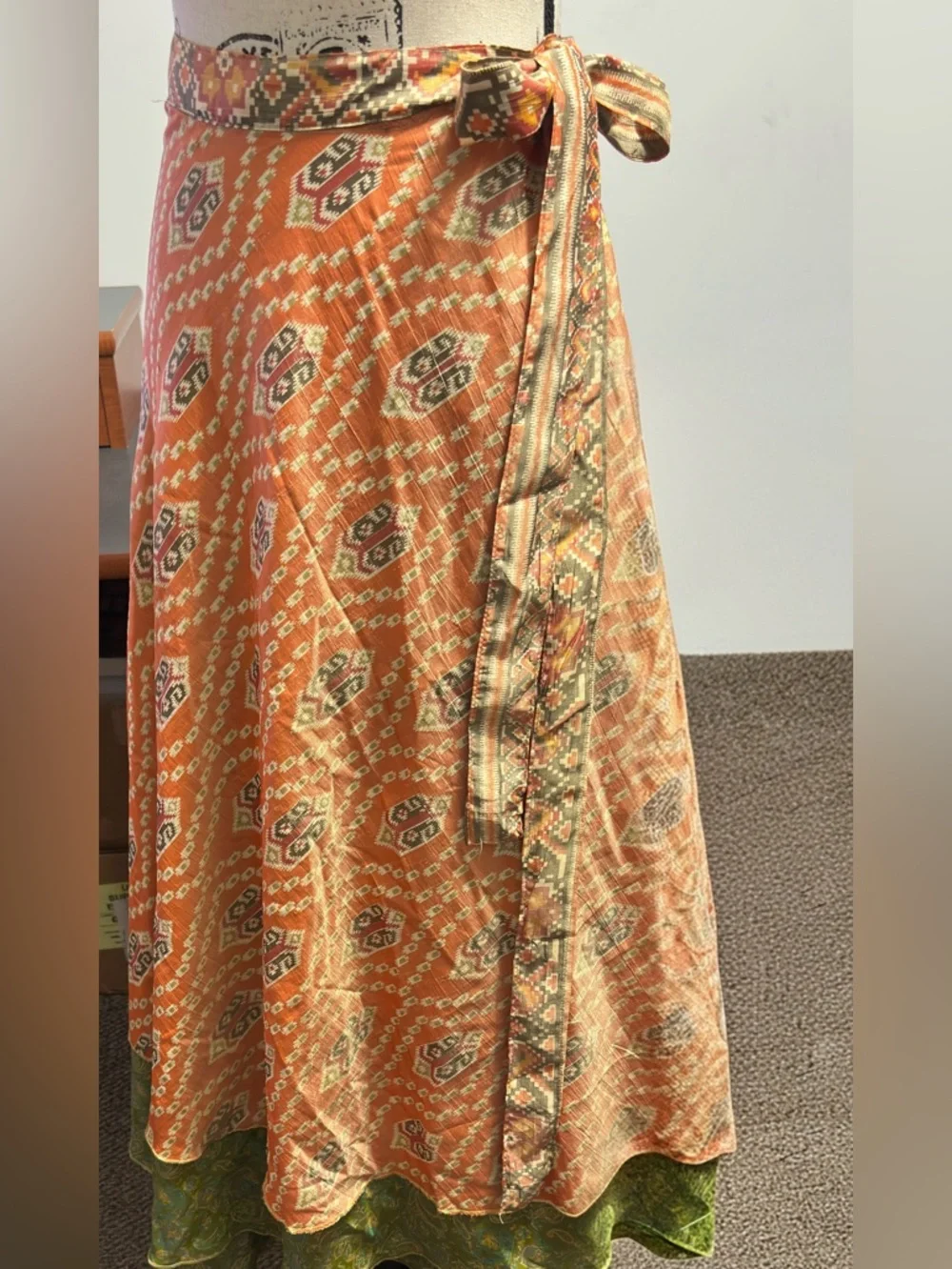 Boho Wrap Skirt in Warm Orange Ikat - Picture 2 of 12